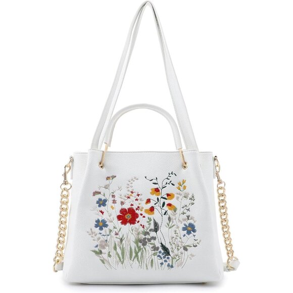 Women's White Embroidered Designer Soft Vegan Leather Top Shoulder Handle Bag - Picture 1 of 9